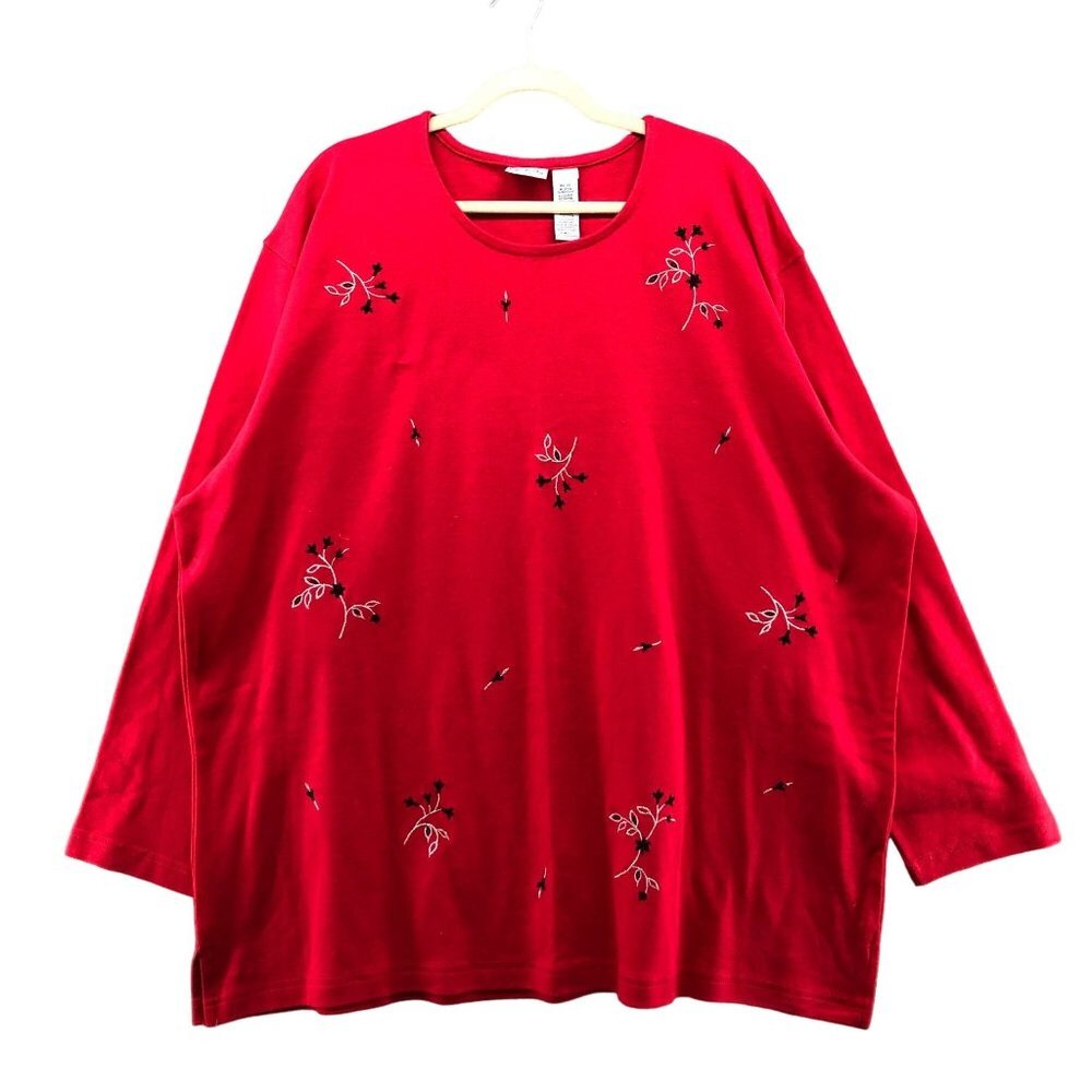 Bobbie Brooks Long Sleeve T Shirt Womens 26W/28W Red Flower Embroidered Crewneck